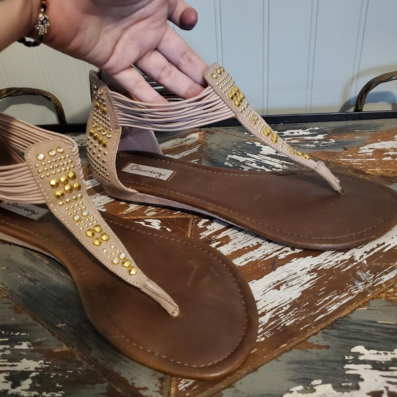 Rhinestoned Beige Sandals T Strap Zip Up Neutral Gold Silver US 8.5 - Picture 10 of 11